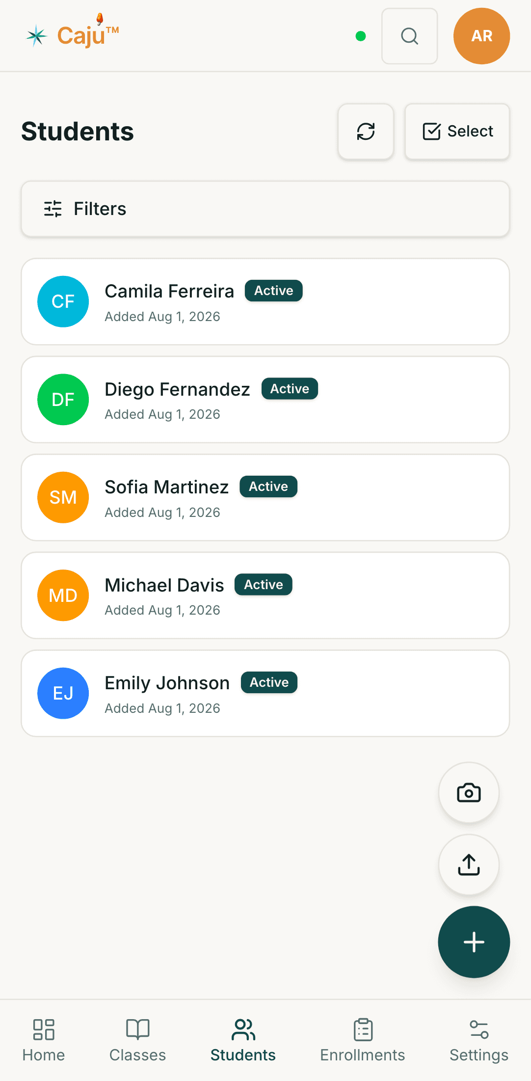 Caju student roster screen